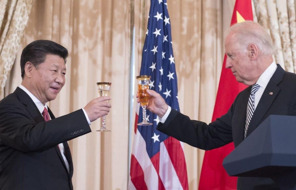 Joe Biden in 2012, when he was vice president, raises a toast in honor of Chinese President Xi at a State Luncheon at the State Department. Credit: US Department of State. Accessed via Flickr.