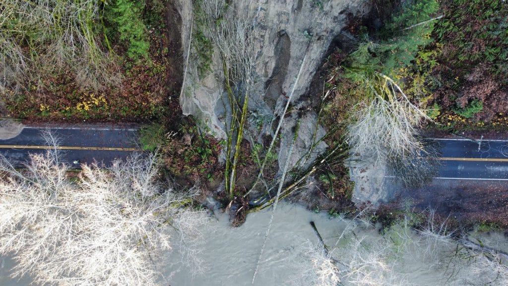 Aerial image of a landslide blocking Allenby Road in the Cowichan Valley