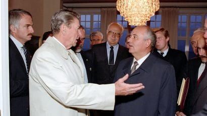 President Reagan says goodbye to Soviet General Secretary Gorbachev after the last meeting at Hofdi House Reykjavik Iceland in October 1986