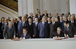 President Richard Nixon and Leonid Brezhnev of the USSR Sign the Anti-Ballistic Missile (ABM) Treaty and Interim Strategic Arms Limitations Treaty (SALT) Agreement in the St. Vladimir Hall, Grand Kremlin Palace, Moscow, on May 26, 1972.