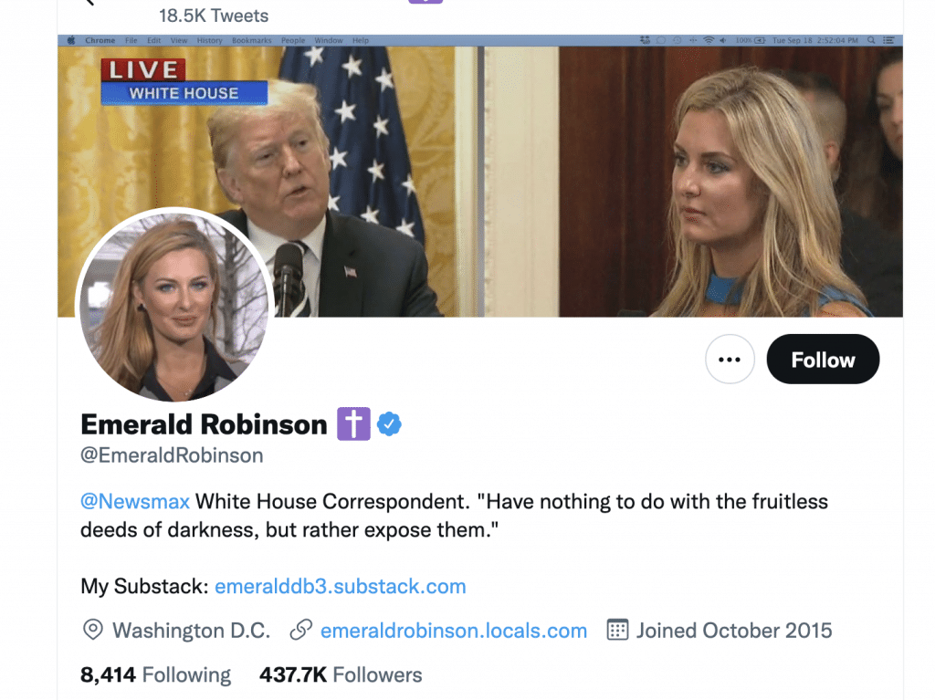 Emerald Robinson's Twitter profile.