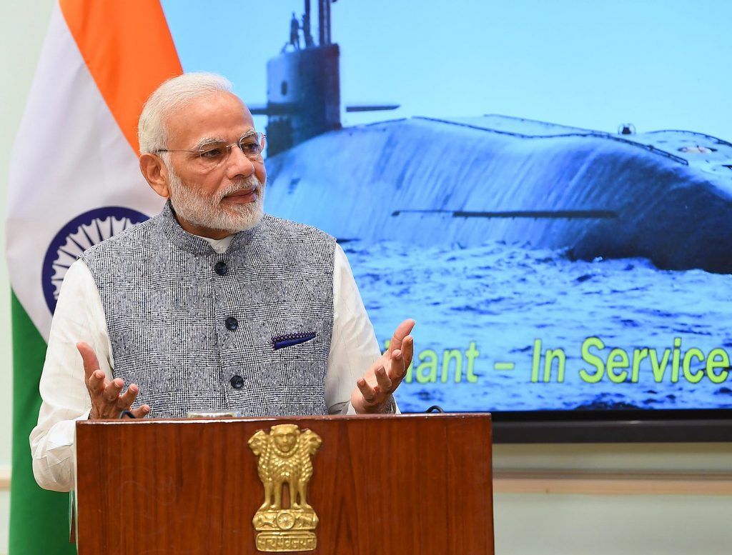 Indian Prime Minister Modi addresses the crew of INS Arihant. Accessed via Wikimedia Commons. Credit: Prime Minister’s Office. Copyrighted work of the Government of India, licensed under the Government Open Data License – India (GODL).