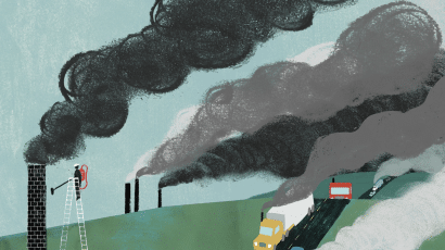 illustration of person vaccuming dirty air around smokestacks with a busy road in the background
