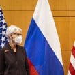 US Deputy Secretary of State Wendy Sherman and Russian deputy Foreign Minister Sergei Ryabkov pose for pictures as they attend security talks on soaring tensions over Ukraine at the US permanent Mission, in Geneva, on January 10.