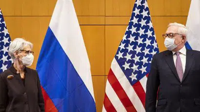 US Deputy Secretary of State Wendy Sherman and Russian deputy Foreign Minister Sergei Ryabkov pose for pictures as they attend security talks on soaring tensions over Ukraine at the US permanent Mission, in Geneva, on January 10. "The conversation was difficult, it couldn't have been easy," Ryabkov was quoted as saying by the Interfax news agency after meeting Sherman during a working dinner in Geneva. (Photo by DENIS BALIBOUSE/POOL/AFP via Getty Images)