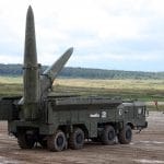 Iskander-M short-range ballistic missile system with two 9M723K5 missiles, at a Russian demonstration of military technology in 2017. The Iskander system is reported to be capable of firing ballistic missiles that can carry a tactical nuclear warhead. Photo by Vitaly Kuzmin