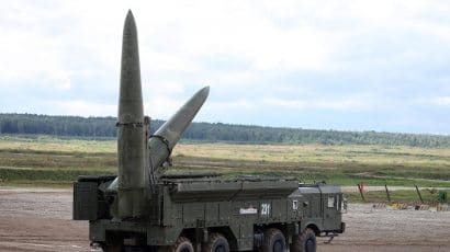 Iskander-M short-range ballistic missile system with two 9M723K5 missiles, at a Russian demonstration of military technology in 2017. The Iskander system is reported to be capable of firing ballistic missiles that can carry a tactical nuclear warhead. Photo by Vitaly Kuzmin
