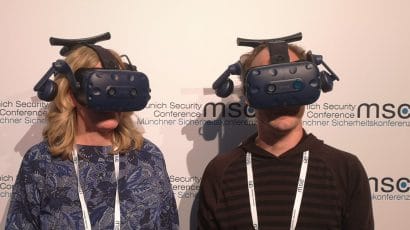 Sharon Weiner and Moritz Kütt try on the VR headsets for The Nuclear Biscuit, a virtual reality experience they created that allows players to wargame a missile attack from the point of view of the US president. Photo used with permission from Sharon Weiner.