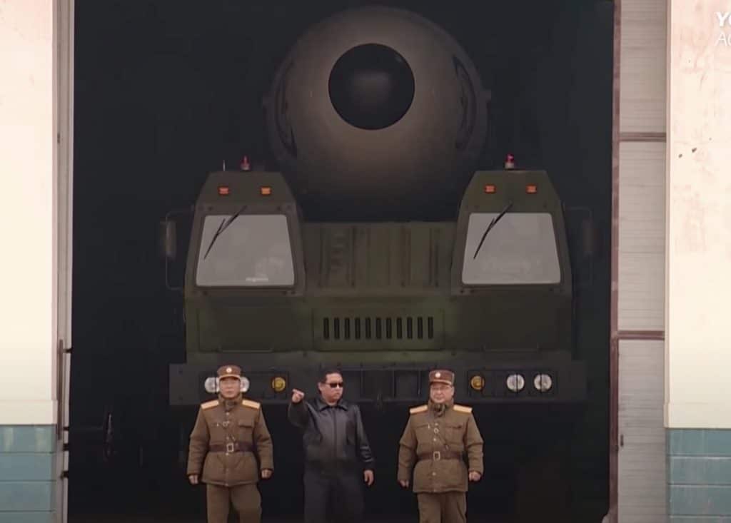 A screenshot from a video released by North Korean state television praising Kim Jong-un's supervision of a Hwasong-17 intercontinental ballistic missile test in March 2022. Photo by KCNA