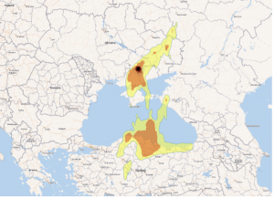 Simulated contamination levels after hypothetical accidents due to a simultaneous core meltdown and spent fuel pool fire at Zaporizhzhya 1, using weather information from the fourth week of March 2021.