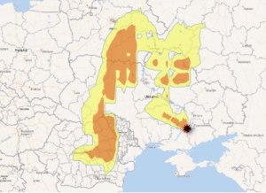 Simulated contamination levels after hypothetical accidents due to a simultaneous core meltdown and spent fuel pool fire at Zaporizhzhya 1, using weather information from the third week of March 2021.