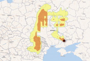 Simulated contamination levels after a hypothetical spent fuel pool fire at Zaporizhzhya 1, using weather information from the third week of March 2021.