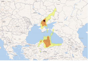 Simulated contamination levels after a hypothetical spent fuel pool fire at Zaporizhzhya 1, using weather information from the fourth week of March 2021.