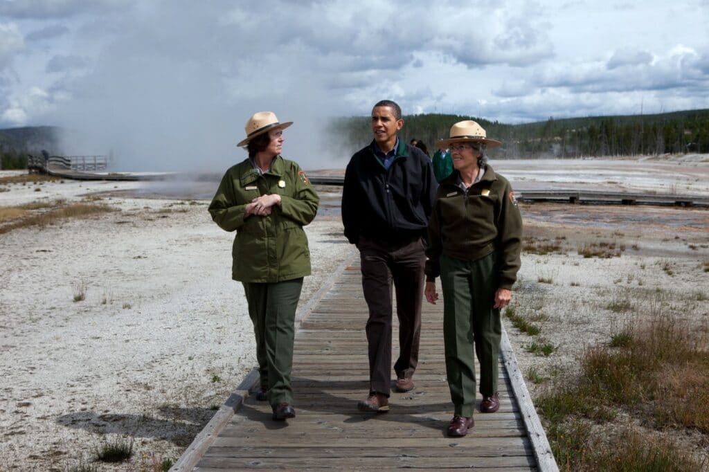 Obama walks with two park rangers