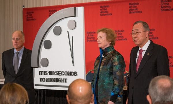 Doomsday Clock by Former UN Secretary-General Ban Ki-moon, Former President of Ireland Mary Robinson and Former California Gov. Jerry Brown reveal the iconic Doomsday Clock on Thursday, January 23, 2020 at the National Press Building in Washington, D.C. The Doomsday Clock now closer to midnight than ever in its history at 100 seconds to midnight. Bulletin of the Atomic Scientists cite worsening nuclear threat, lack of climate action and rise of ìcyber-enabled disinformation campaignsî in moving clock hand.