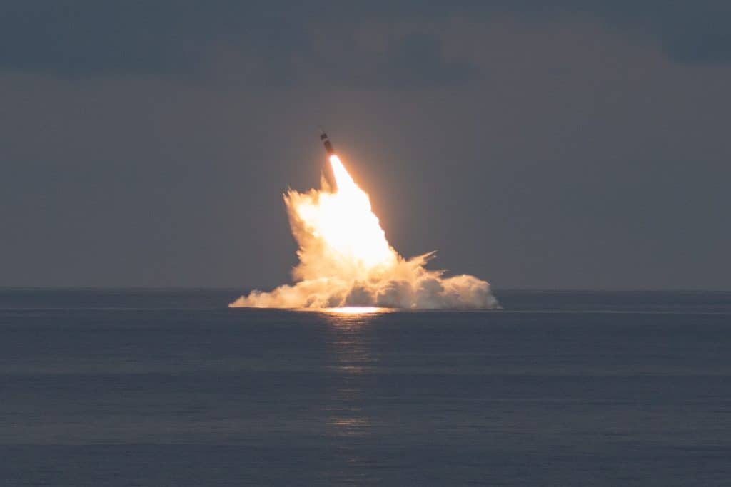 An unarmed Trident II D5LE missile is launched from a US Navy submarine