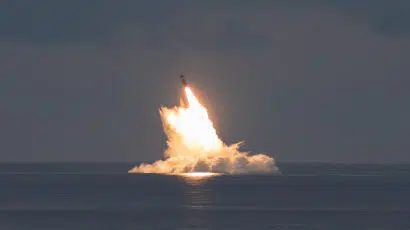 An unarmed Trident II D5LE missile is launched from a US Navy submarine