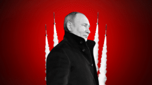 An artist's rendition of Russian President Vladimir Putin's nuclear posture. Photo credit: kremlin.ru, changes made, CC BY 3.0.