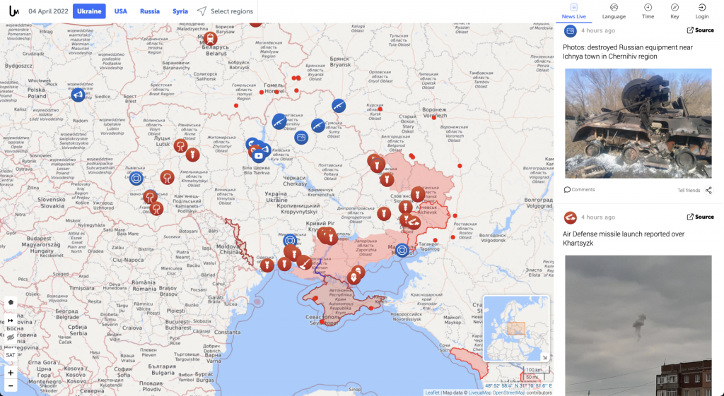 The <a href="https://liveuamap.com">Live Universal Awareness Map</a> connects points on a constantly updated map to a social media-like feed of the latest news, photos and videos of events in and around Ukraine.