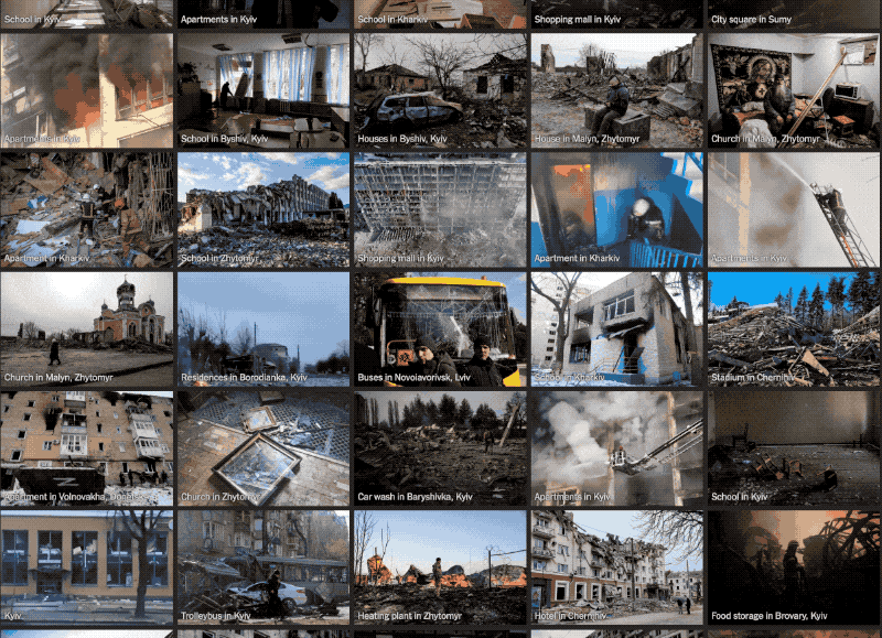 Doomscrolling social media is one way to absorb the totality of the annihilation in Ukraine. Another is to look at this <a href="https://www.nytimes.com/interactive/2022/03/23/world/europe/ukraine-civilian-attacks.html">compilation of footage</a> verified by the New York Times, which says it shows how "everyday life for many people in Ukraine has been obliterated as Russia is investigated for potential war crimes."