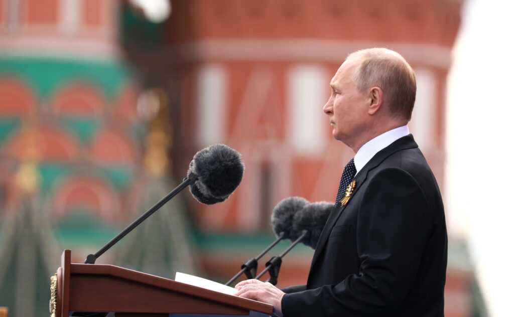 Russian President Vladimir Putin spoke at the military parade marking the end of World War II May 9 2022 Red Square Moscow Credit Website of the President of Russia CC BY 40