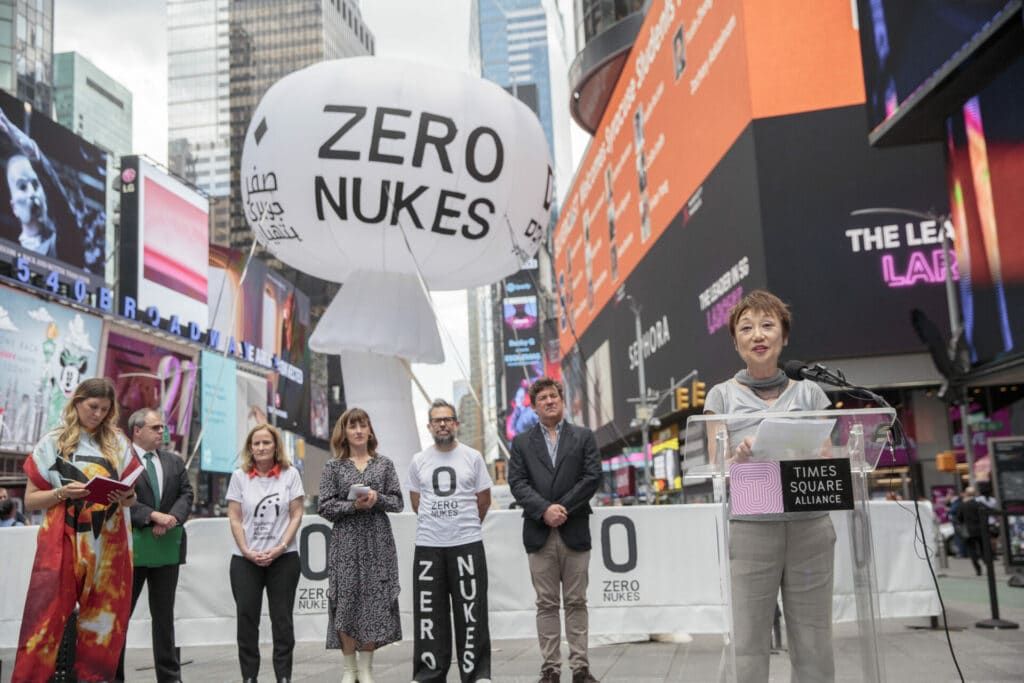 Mitchie Takeuchi gives remarks at the public unveiling of ZERO NUKES