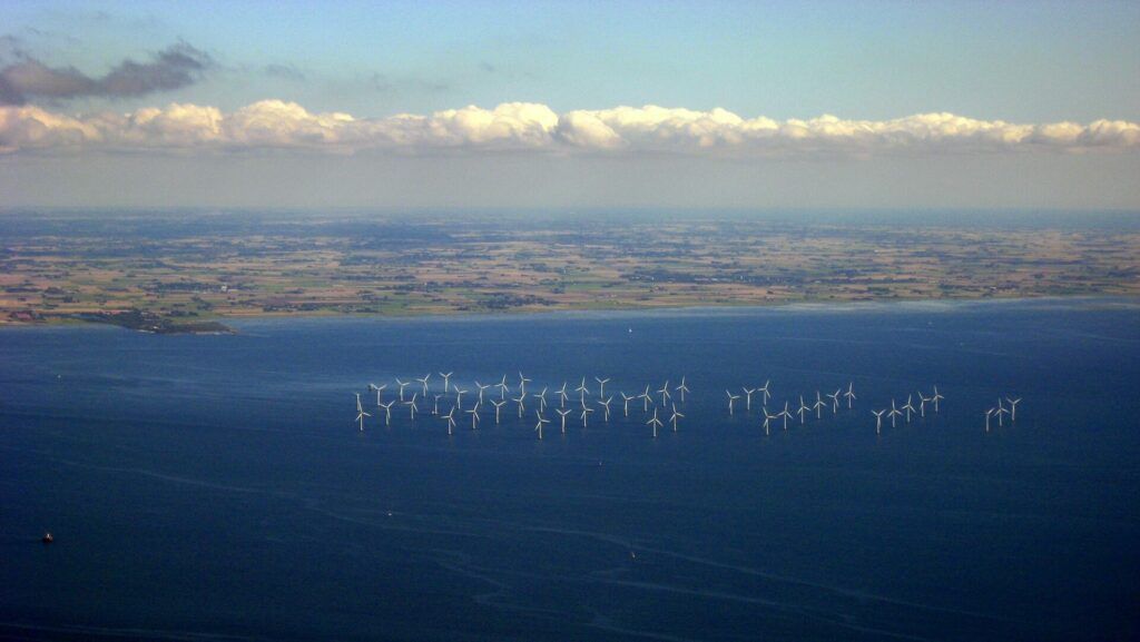 A wind farm off the coast of Sweden, aerial photograph
