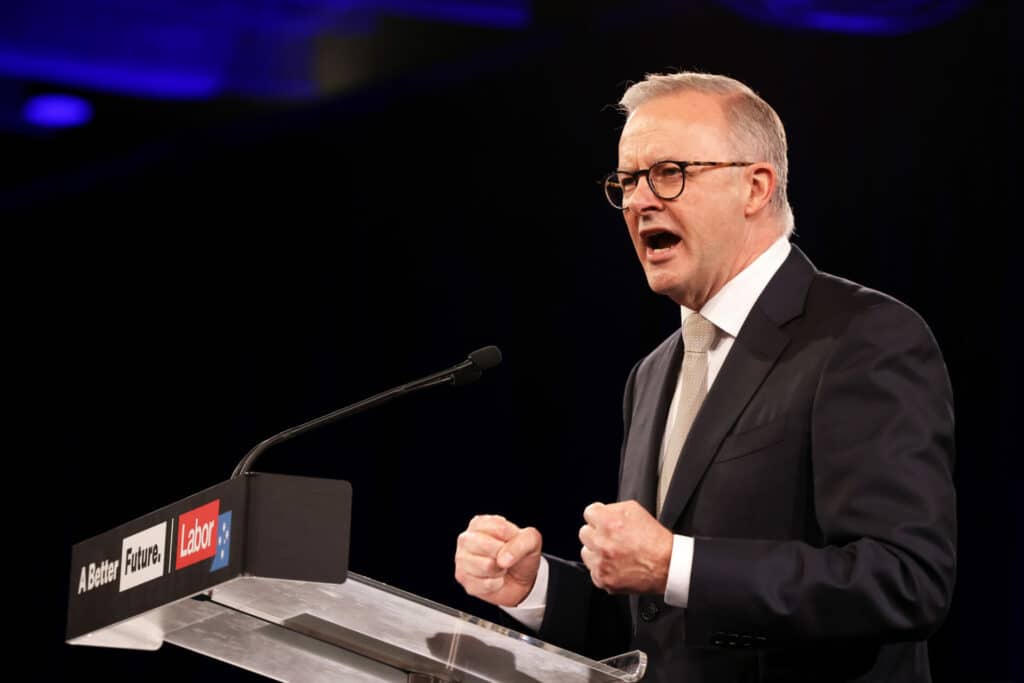 Anthony Albanese speaks during the Labor Party election campaign launch at Optus Stadium on May 01, 2022 in Perth, Australia. He will become the new Australian prime minister as a result of Saturday's election. (Photo by Paul Kane/Getty Images)