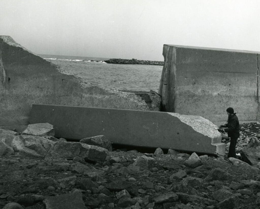 a broken part of the seawall at Gun Rock Beach damaged in the Blizzard of 1978