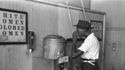 A segregated drinking fountain.