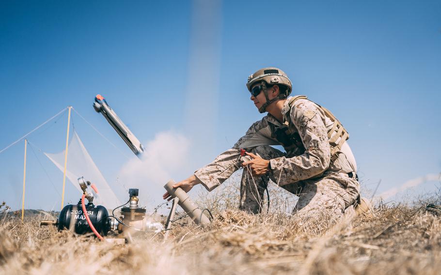 A US Marine launches a lethal miniature aerial missile system during an exercise at Marine Corps Base Camp Pendleton, Calif. on Sept. 2, 2020. Credit: Jennessa Davey, US Marine Corps.