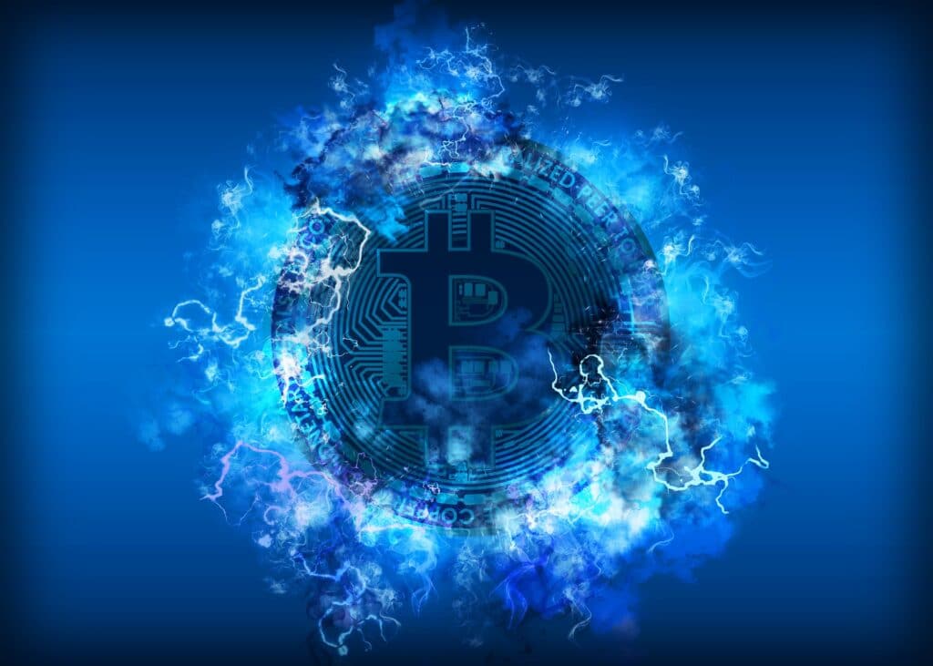 bitcoin surrounded by static on blue background