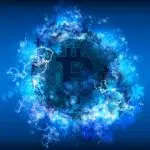 bitcoin surrounded by static on blue background