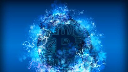 bitcoin surrounded by static on blue background