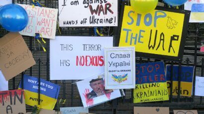 anti-war signs on Russian Embassy in London