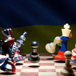 illustration of chess pieces made of flags of the nine nuclear weapons states falling over with Ukrainian flag in the background