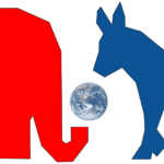 Red elephant and blue donkey with a picture of Earth from space