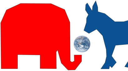 Red elephant and blue donkey with a picture of Earth from space