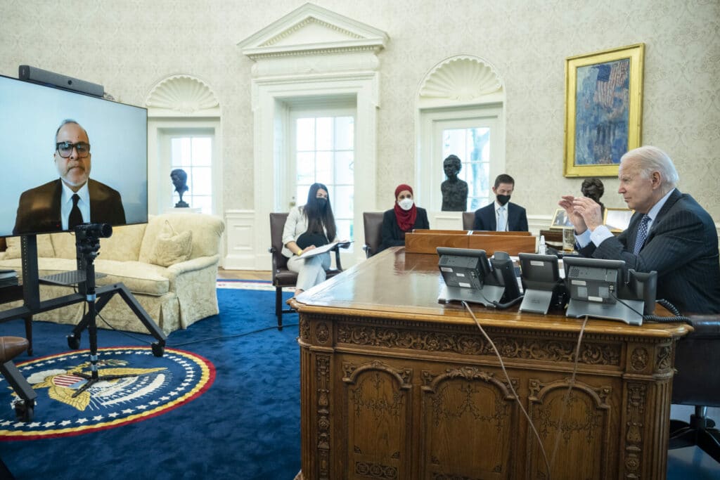 President Biden holds a meeting.