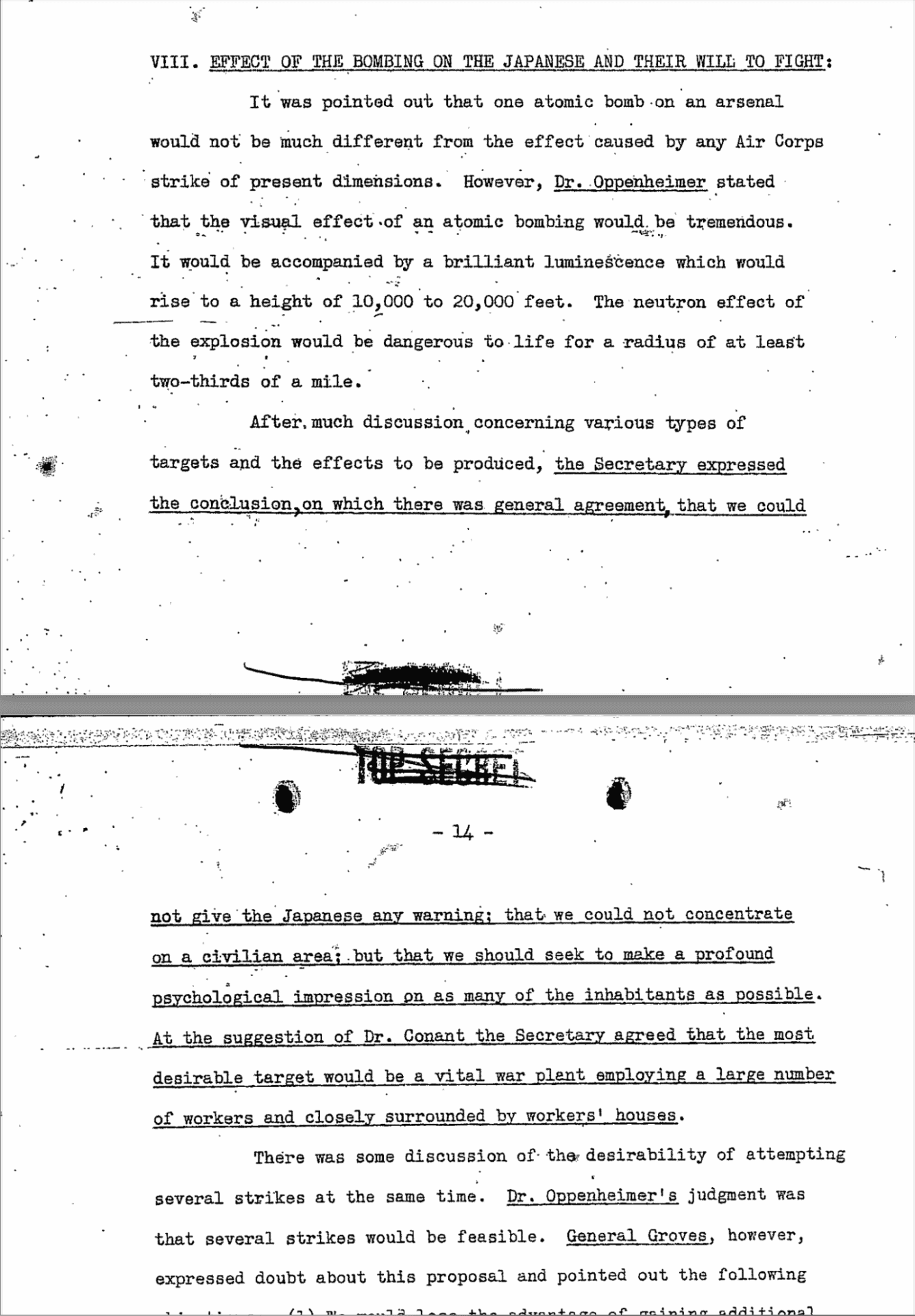 Screenshot of pages 13 and 14 of the minutes of the meeting held among the US’ highest scientific and government officials on May 31, 1945 to discuss whether or not to drop atomic bombs on Japan. The notes of this Top Secret meeting were declassified after several decades had passed, and they and other items are readily available to the public at places such as George Washington University’s National Security Archive, which maintains a briefing book and a “Collection of Primary Sources” regarding the atomic bombings. The minutes of this particular meeting can be downloaded in their entirety from the <a href="https://nsarchive2.gwu.edu//NSAEBB/NSAEBB162/12.pdf">National Security Archive</a>.