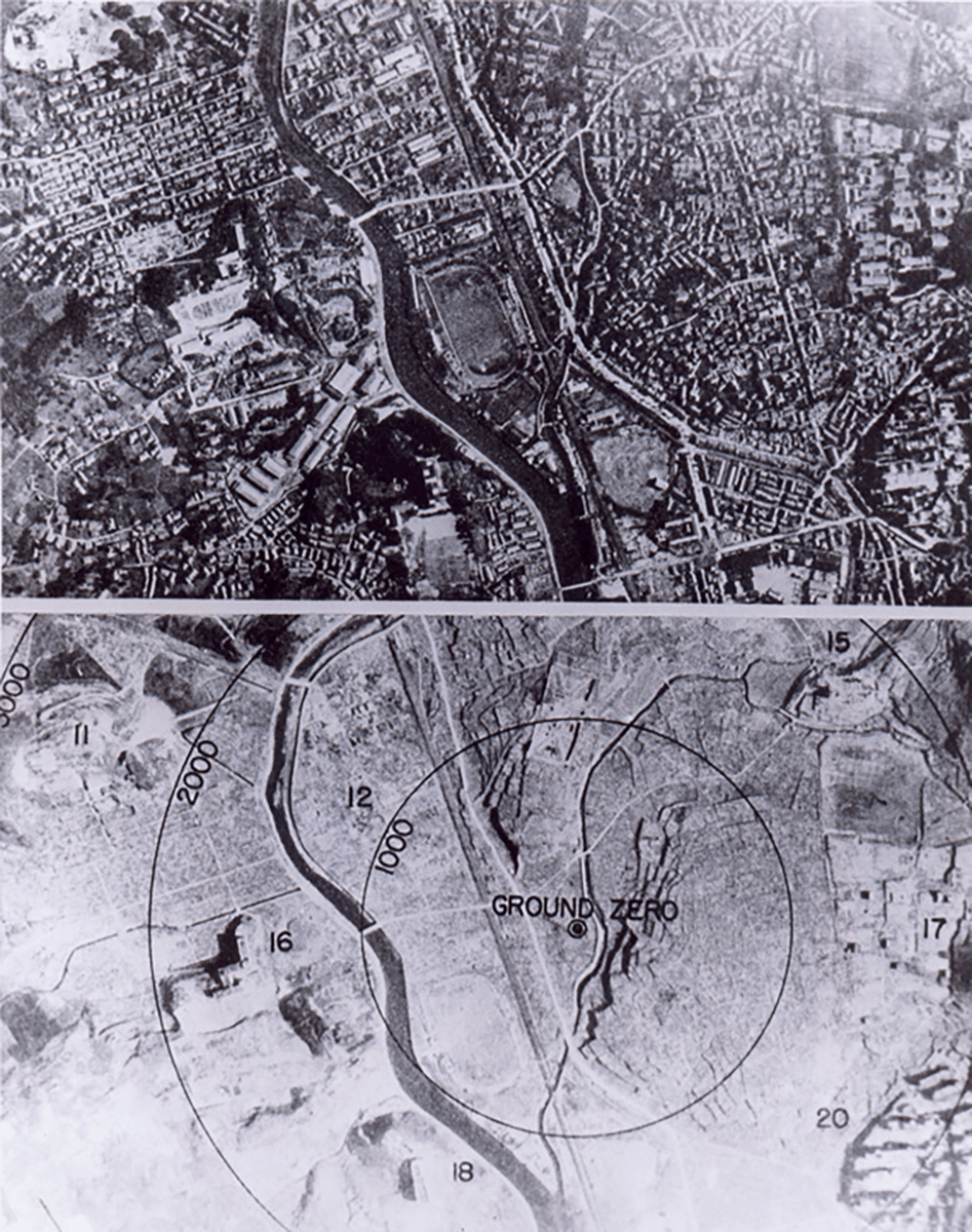 Ground view of Nagasaki before and after the bombing; radiuses in increments of 1,000 feet from Ground Zero are shown. (Photo from U.S. National Archives, RG 77-MDH)
