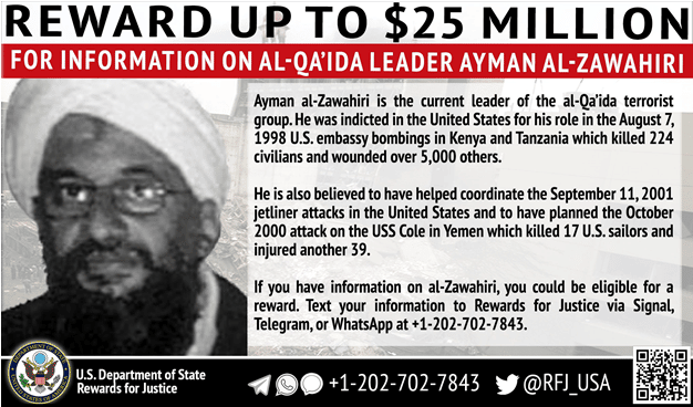 Bounty flyer offering $25 million for information about al-Qaeda leader Ayman al-Zawahiri. Photo credit: US State Department