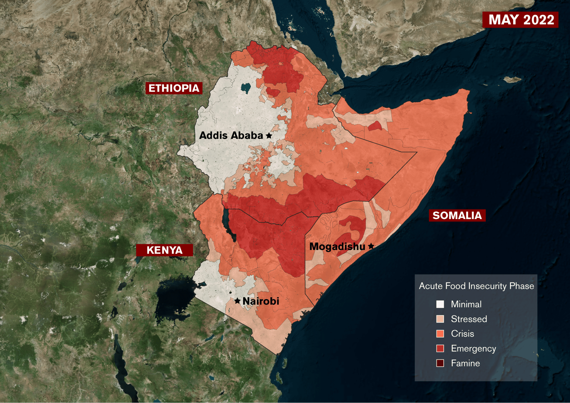 More than 18 million people across Kenya, Ethiopia, and Somalia are classified as food insecure. In Ethiopia, the drought is affecting the southern and eastern regions, while in Kenya the northern pastoral regions are most affected. Virtually all of Somalia is affected by the drought.