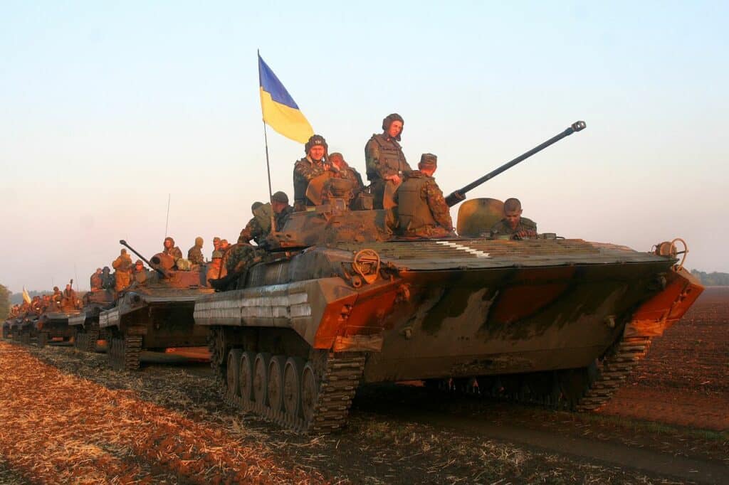 Ukrainian tanks on a military exercise