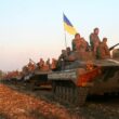 Ukrainian tanks on a military exercise