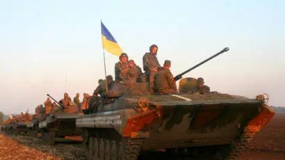 Ukrainian tanks on a military exercise