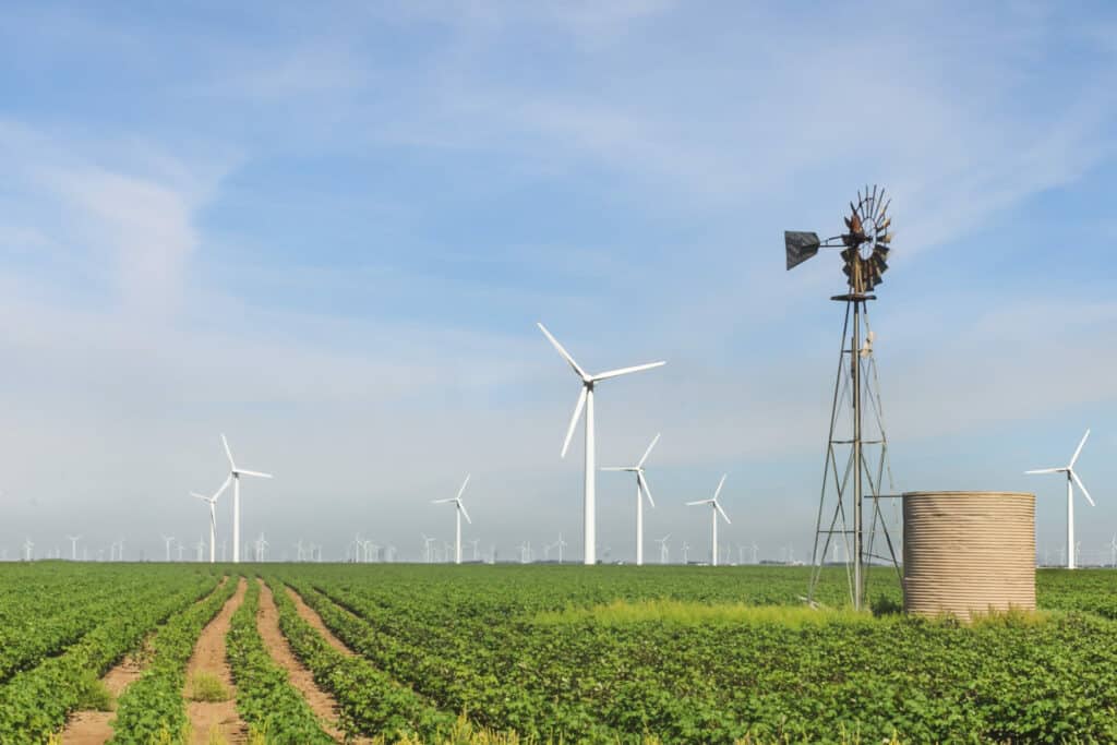 wind turbines in field next to windmill