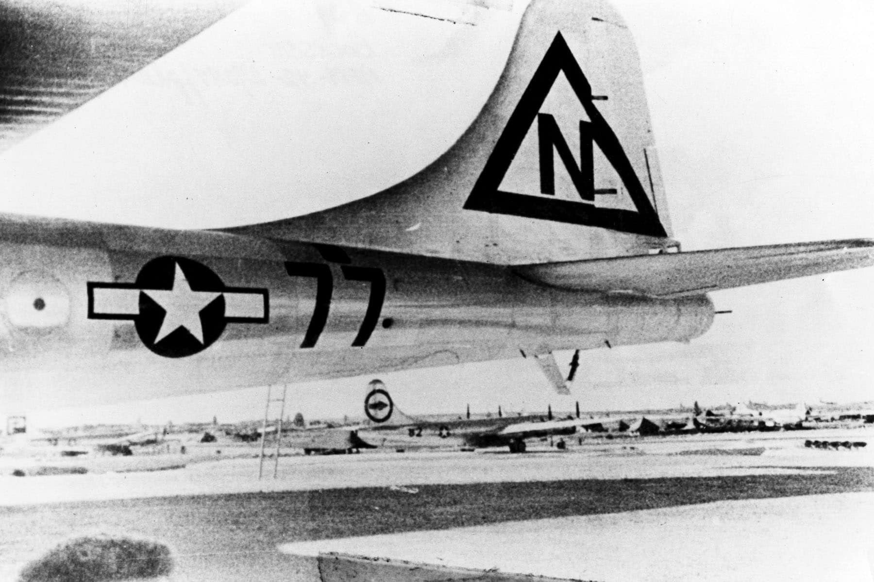 "Bockscar" tail section, showing temporary markings replacing those of the 509th on Tinian to confuse the enemy. (U.S. Air Force photo)
