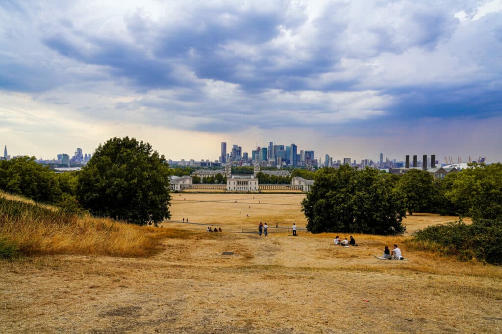 Dry brown grass in a park under a cloudy sky