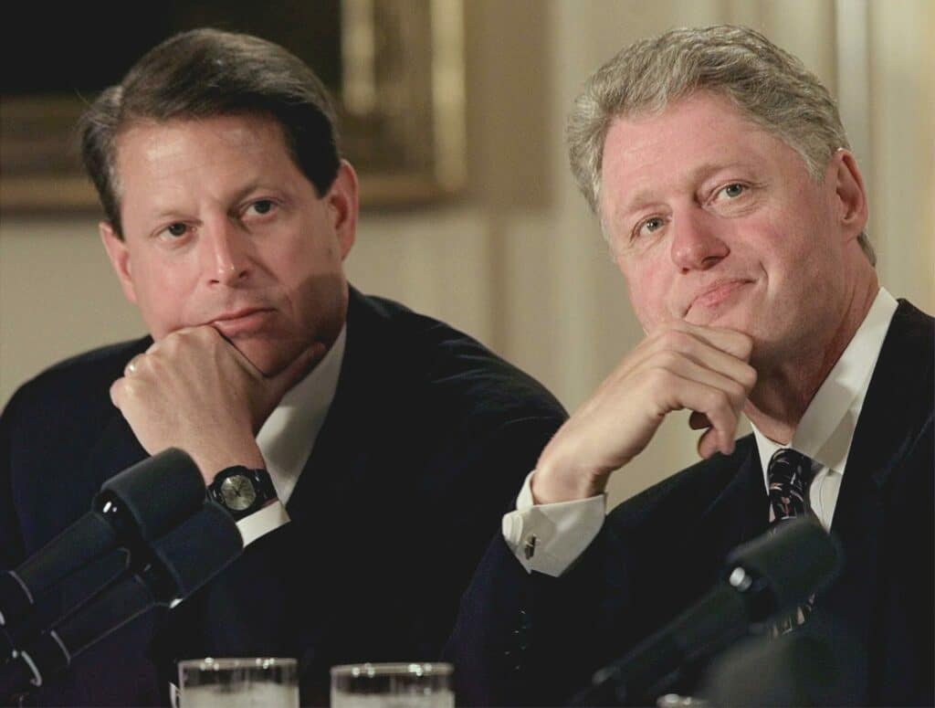 Clinton en Gore bij klimaatveranderingsevenement in het Witte Huis